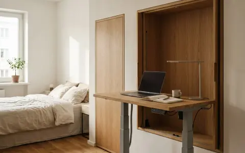 Minimalistyczne biurko inspiracje w sypialni. Drewniana wnęka skrywa regulowany blat z laptopem, lampką i notatnikiem. Obok łóżko i szafa.