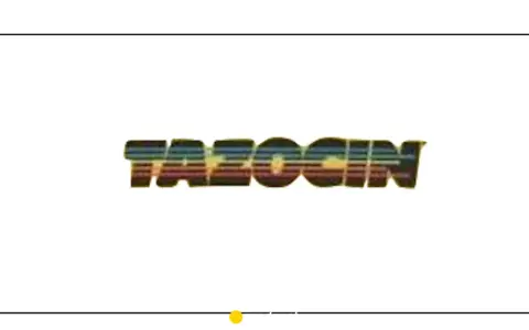 Napis TAZOCIN w stylu retro, z kolorowymi pasami.