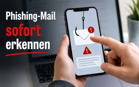 Smartphone zeigt eine Phishing-Mail mit Haken und Warnsymbolen. So erkennst du den Unterschied zwischen Spam und Phishing.