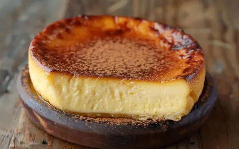 Un délicieux flan sans pâte, saupoudré de cacao, sur un plat en bois. Parfait pour une recette facile et gourmande.