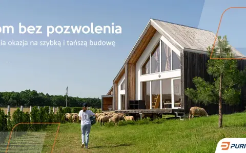 Nowy dom bez pozwolenia 100m2. Szybka i tańsza budowa. Stado owiec na zielonej łące.