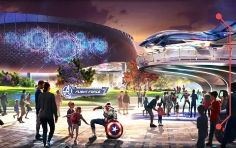 Disneyland Paris Marvel: Besucher bestaunen die Avengers Flight Force Arena mit Captain America und einem futuristischen Jet.