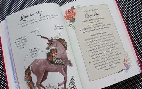 Ilustracja z baśni o jednorożcu. Magiczne stworzenie z leśnymi kwiatami we włosach i na ogonie.