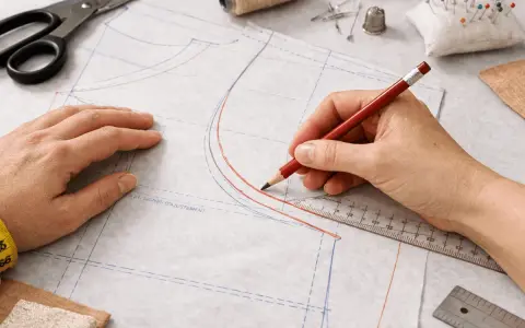 Main tenant une règle et un crayon pour comment agrandir un patron de couture. Des ciseaux, du fil et des épingles sont visibles.