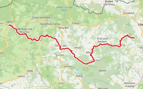Mapa z trasami rowerowymi w Czechach, od Děčína przez Czeską Szwajcarię i Kokořínsko.