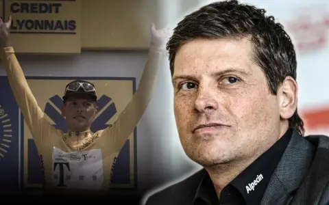 Jan Ullrich 1997 im Gelben Trikot, daneben das heutige Porträt des Radsportlers.