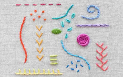 Ejemplos de puntadas de bordado sobre tela: líneas, puntos, espirales y una flor. Son dibujos bordar sobre lana.