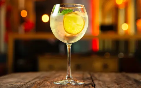 Erfrischender Martini Bianco Spritz mit Zitrone und Minze auf einem Holztisch, im Hintergrund unscharfe Lichter.