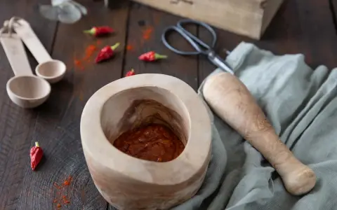 Mortier en bois avec une pâte épicée javanaise, piments rouges séchés et des cuillères en bois. Recette à venir.