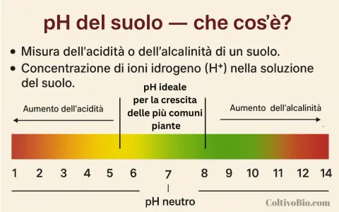Grafico che illustra come misurare il pH del terreno, mostrando la scala da acido ad alcalino e il pH ideale per le piante.