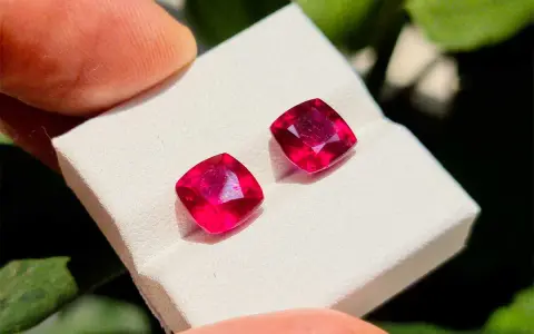 Due gemme rosse intense, la pietra di luglio per eccellenza, brillano su un supporto bianco.