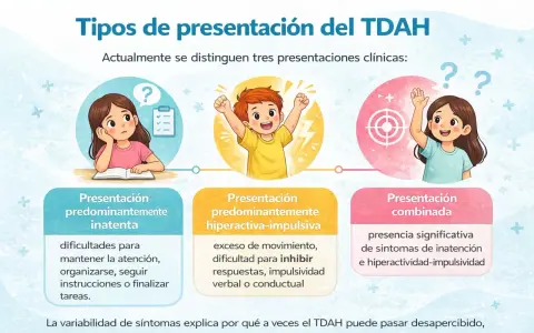 Ilustración muestra tres tipos de TDAH en niños: inatenta, hiperactiva-impulsiva y combinada, detallando sus síntomas.