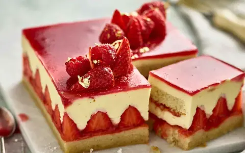 Deliziosa torta di fragole con strati di crema, fragole fresche e gelatina rossa, guarnita con frutti di bosco e foglia d'oro.