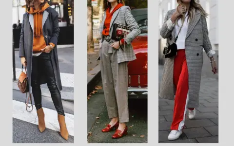 Drei Outfits im Athleisure Style: Mantel über Hoodie, karierter Blazer mit Hose und karierter Mantel mit roten Hosen.