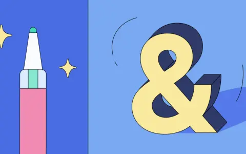 Różowy pisak i żółty znak ampersand (&) na niebieskim tle.