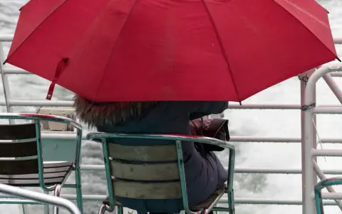 Person under röd paraply på en båt, omgiven av brusande vatten. En typisk bild av bergen regndagar.
