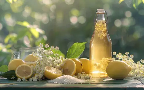 Bouteille de sirop de sureau, citrons et fleurs de sureau sur une table en bois. Douce lumière d'été.