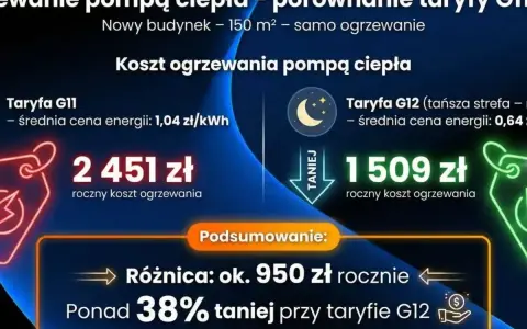 Porównanie kosztów ogrzewania pompą ciepła: taryfa G11 (2451 zł/rok) vs G12 (1509 zł/rok). Taryfa G12 jest o 38% tańsza.