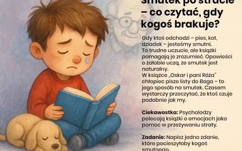 Chłopiec z pieskiem czyta książkę, smutny. Obok unosi się duch dziadka. To o tym, jak biblioterapia pomaga zrozumieć smutek po stracie.