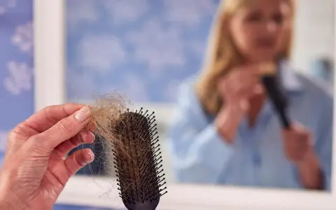 Frauen mit Haarausfall halten eine Bürste mit vielen Haaren. Im Spiegel sieht man eine Frau, die sich die Haare kämmt.