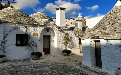 Urokliwe domki trulli z kamiennymi dachami, malownicze uliczki i błękitne niebo.