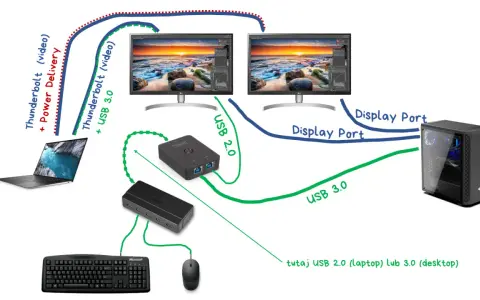 Schemat pokazuje, jak podłączyć komputer do laptopa, używając Thunderbolt, USB 3.0 i Display Port do podłączenia dwóch monitorów i peryferiów.