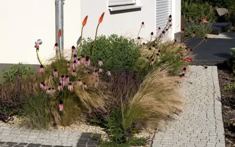 Blumenbeet an Hauswand: Feuchtigkeit durch Wasserhahn und Bewässerungssystem. Ziergräser, Sonnenhut und Fackellilien blühen üppig.