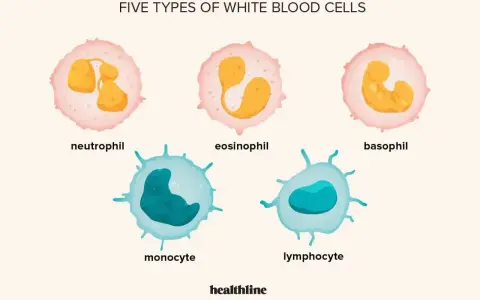 Pięć typów białych krwinek: neutrofil, eozynofil, bazofil, monocyt, limfocyt. Zwiększona liczba białych krwinek to leukocytoza.