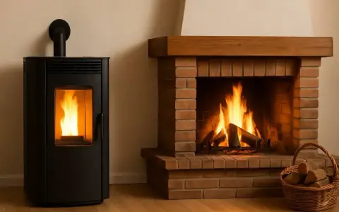 Stufa a pellet moderna e camino in mattoni con fuoco vivo. Un cesto di legna completa la scena, un vero bonus per le tue stufe a legna.
