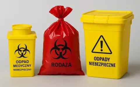 Żółte pojemniki i czerwony worek z symbolem biohazardu. Oznaczenia: "ODPAD MEDYCZNY NIEBEZPIECZNY", "RODAZA", "ODPADY NIEBEZPIECZNE". Kod odpadu 18 01 04.