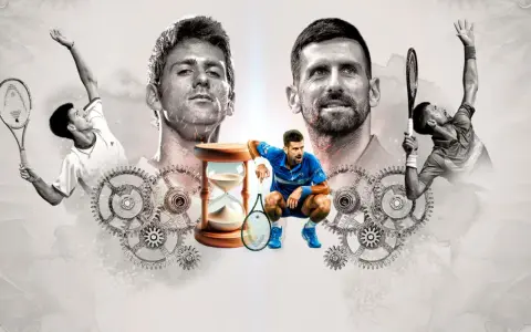Novak Djokovic, con su mirada intensa, rodeado de engranajes y un reloj de arena, evoca la pregunta: ¿cuántos Roland Garros tiene Djokovic?