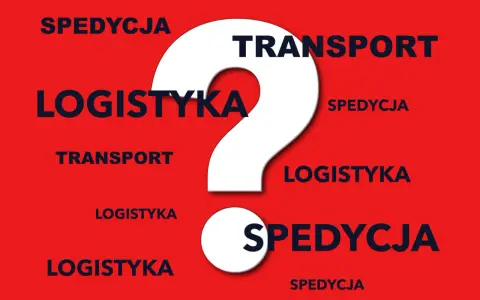 Biały znak zapytania na czerwonym tle otoczony słowami: logistyka, spedycja, transport.