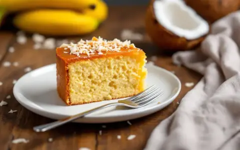 Tranche de banana bread moelleux, nappée de caramel et saupoudrée de noix de coco râpée. Des bananes et une noix de coco sont en arrière-plan.