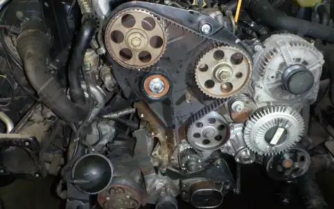 Silnik 1.9 TDI z widocznym rozrządem. Planujesz wymianę rozrządu 1.9 tdi? Koszt może zależeć od wielu czynników.