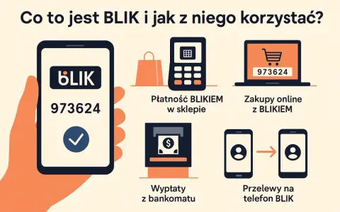 Grafika ilustruje, jak używać BLIKA: płatności w sklepie, zakupy online, wypłaty z bankomatu i przelewy na telefon. BLIK zbliżeniowy to szybka opcja.