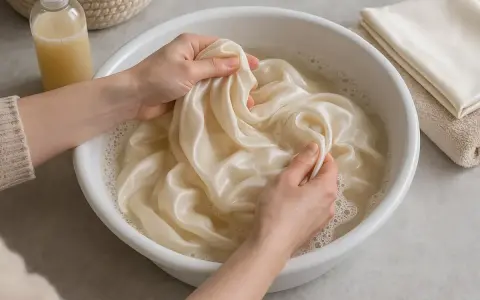 Manos lavando delicadamente una tela de seda color crema en un bol con agua jabonosa. Demostrando que la seda se puede lavar.