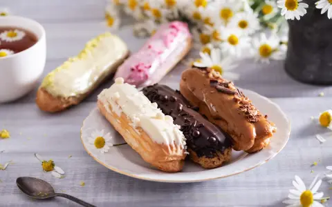 Eklery z czekoladą i profiteroles, ozdobione kwiatami, kuszą smakiem. Idealne na popołudniową herbatę.