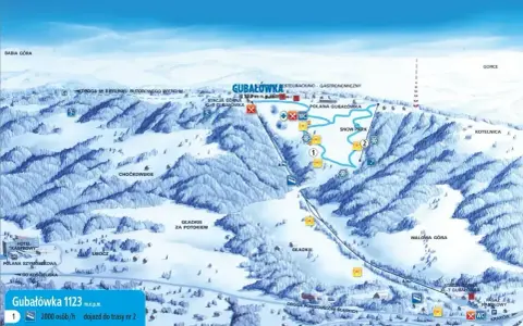 Mapa narciarska Gubałówki z trasami, wyciągami i atrakcjami. Widoczny Snow Park i punkty gastronomiczne.