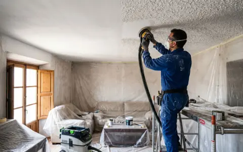 Hombre lijando techo con gotelé para tapar con pladur. El salón está cubierto con plásticos protectores.
