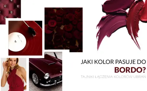 Kolekcja inspiracji: pikowany materiał, płyta winylowa, guziki, szminki, kobieta w sukience i samochód – wszystko w odcieniach koloru bordowego.
