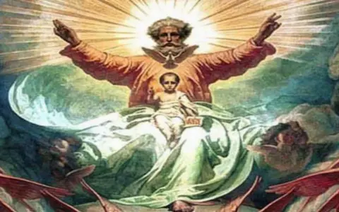 Trójca Święta: Ojciec z gołębicą Ducha Świętego, Syn jako Dzieciątko Jezus, otoczeni boskim światłem i aniołami.