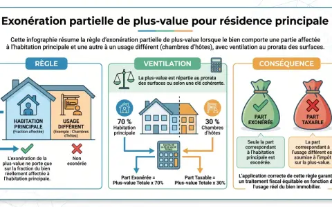 Infographie expliquant l'exonération partielle de plus-value pour une résidence principale avec usage mixte (habitation principale et chambres d'hôtes). La plus-value est calculée au prorata des surfaces.