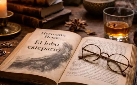 Un libro abierto con el título "El lobo estepario" y unas gafas encima. A su lado, un vaso de whisky y velas, evocando la atmósfera de la obra.