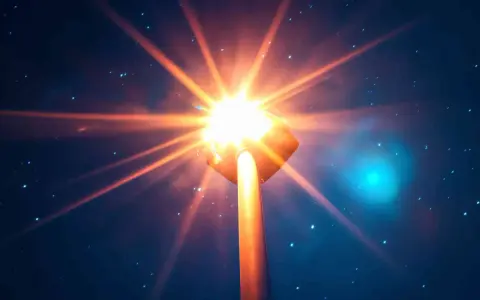 Un lampione illumina la notte stellata con un abbaglio di luce arancione intenso.
