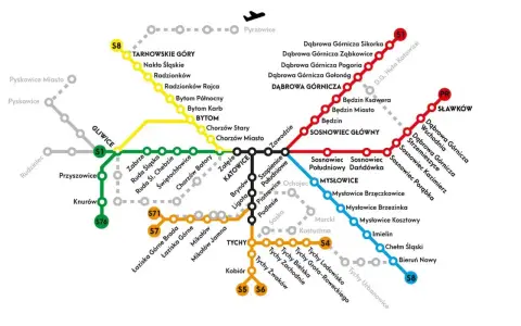 Mapa linii kolejowych Górnego Śląska, przedstawiająca pkp rozkład jazdy z zaznaczonymi stacjami i trasami.