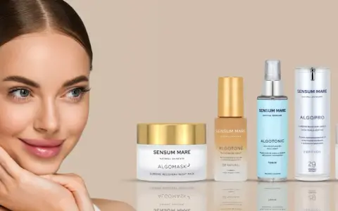 Kobieta z gładką cerą obok produktów SENSUM MARE: kremu Algomask, toniku Algotonic, serum Algopro i kremu Algorich.