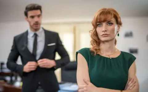 Donna con sguardo preoccupato, mentre un collega in primo piano si sistema la giacca, come se volesse metterla in cattiva luce.