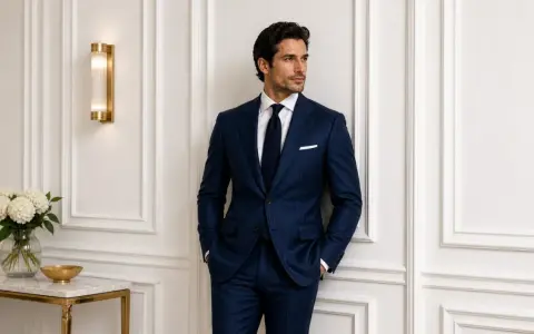 A man in a sharp, navy pinstriped tuxedo stands confidently, hands in pockets.