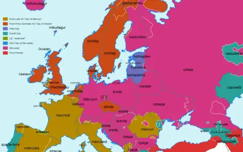 Kto wymyślił dni tygodnia? Mapa pokazuje nazwy środy w Europie: od Merkurego, Wodana, trzeciego dnia tygodnia, środka tygodnia, czy ostatniego dnia postu.