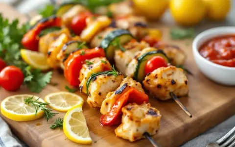 Délicieuses brochettes de poulet grillées avec des légumes colorés, des quartiers de citron et une sauce tomate.